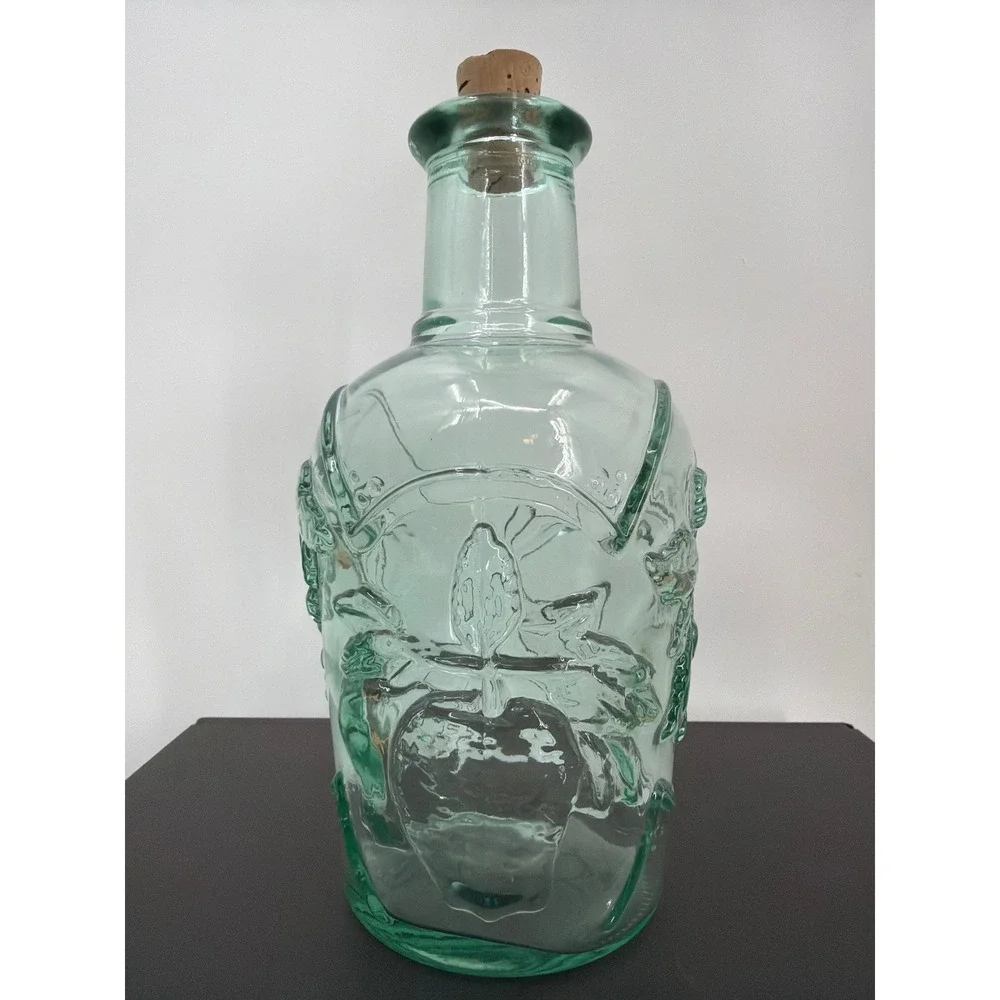 Vintage Libby Green Pressed Glass Decanter Grapes Fruit Bottle Made in Canada